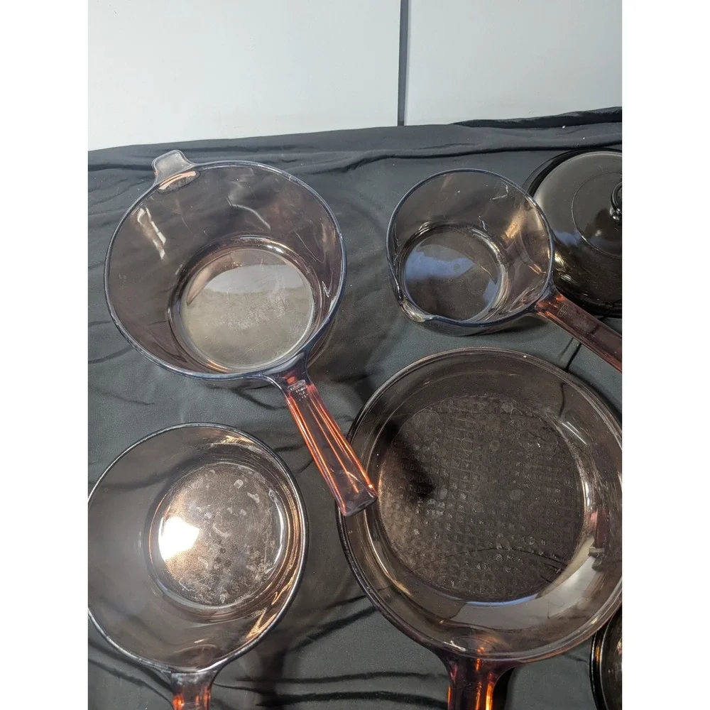 VNTG USA Visions Corning Amber Glass Pyrex Set 0.5L 1.5L 2.5L Pots/Lids Skillet